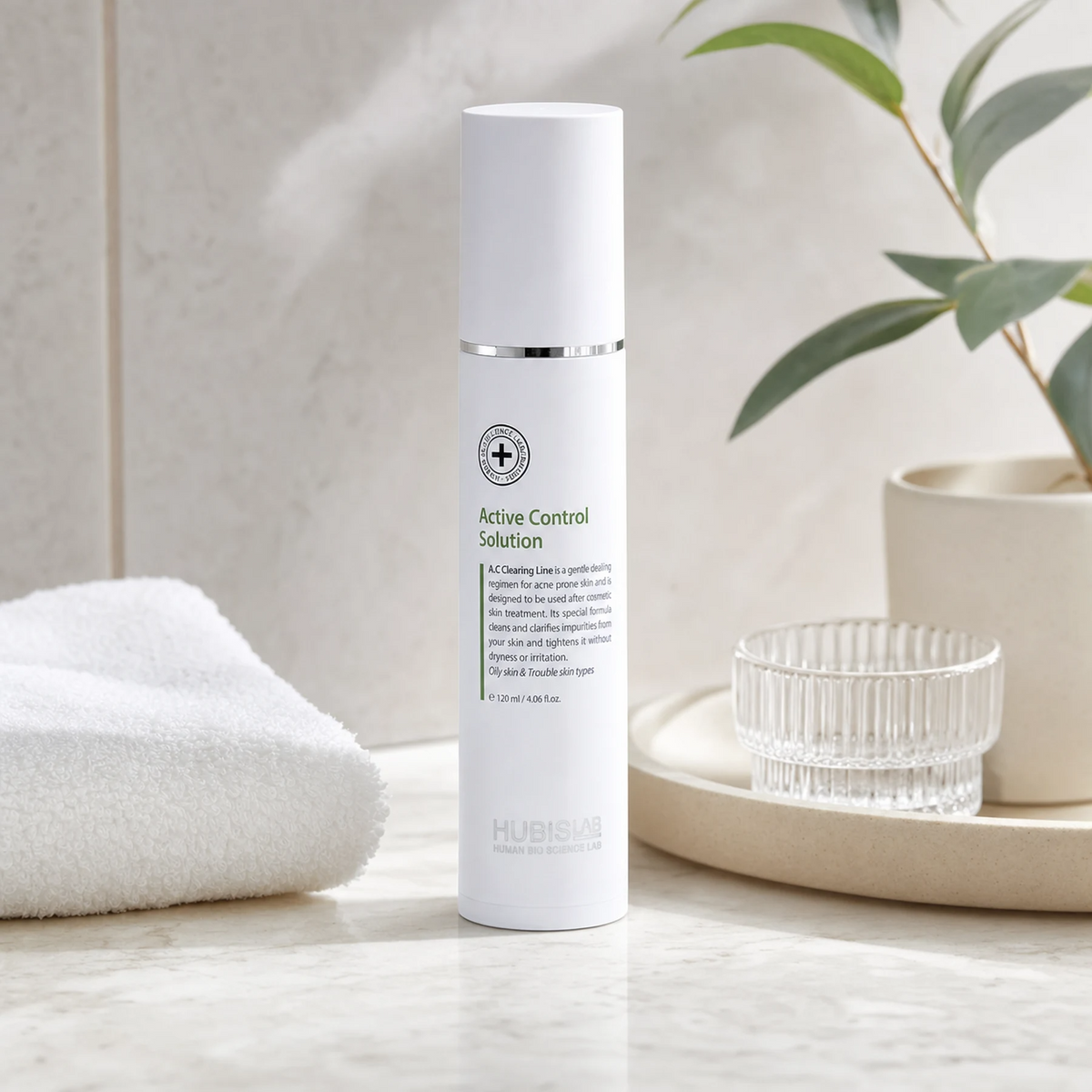Hubislab A.C Clearing Active Control Solution 120ml displayed in a premium bathroom vanity setting for oily, congested and acne-prone skin.