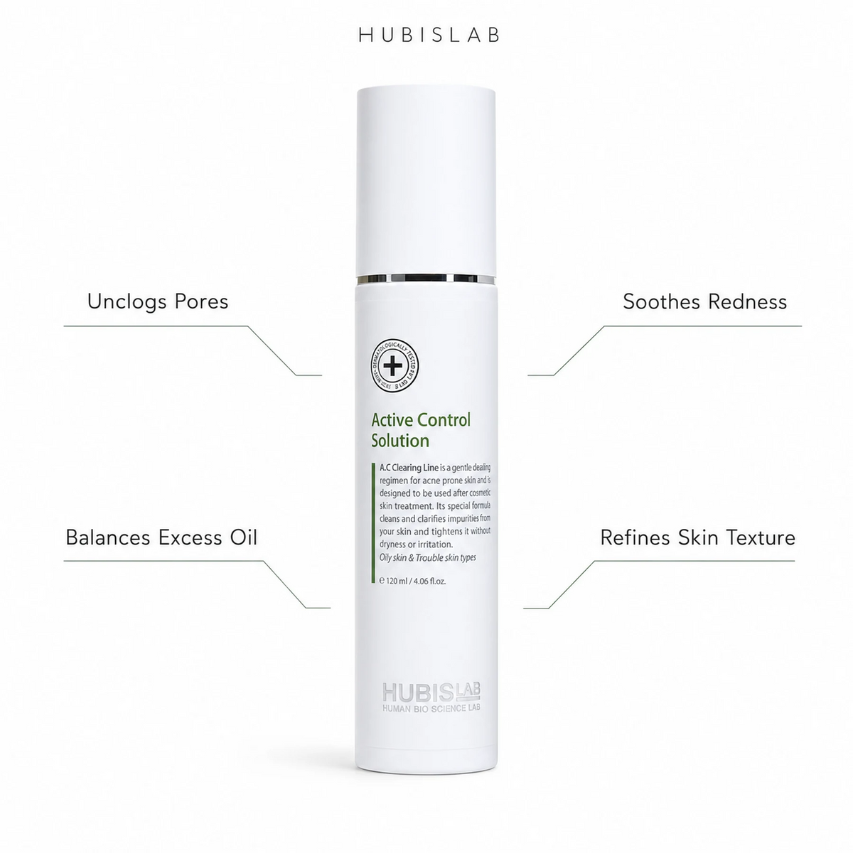 Hubislab A.C Clearing Active Control Solution 120ml with benefit callouts for unclogging pores, balancing excess oil, soothing redness and refining skin texture.