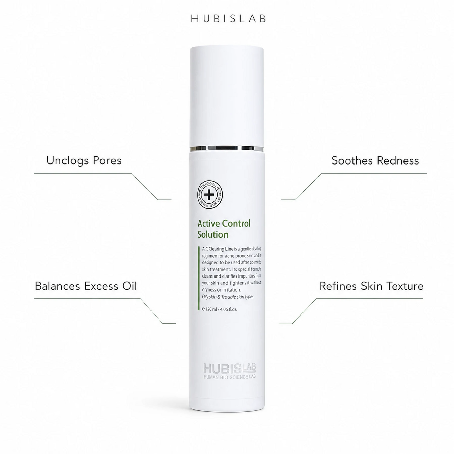 Hubislab A.C Clearing Active Control Solution 120ml with benefit callouts for unclogging pores, balancing excess oil, soothing redness and refining skin texture.