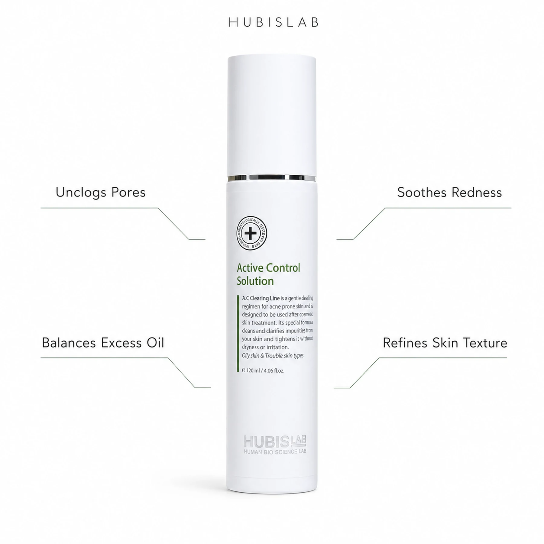 Hubislab A.C Clearing Active Control Solution 120ml with benefit callouts for unclogging pores, balancing excess oil, soothing redness and refining skin texture.