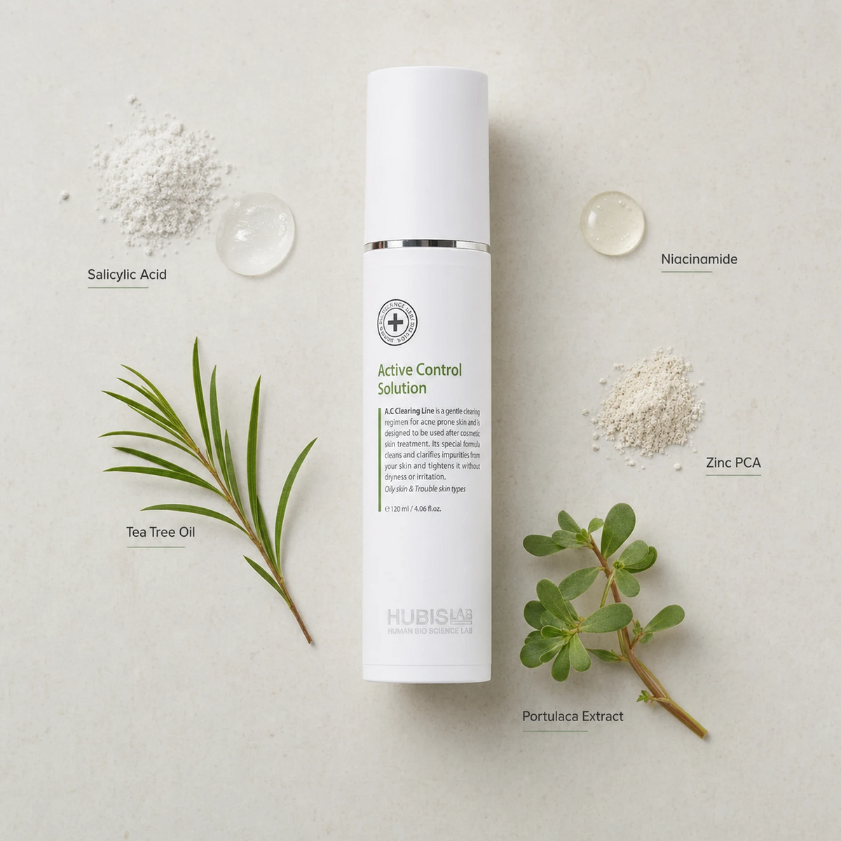 Hubislab A.C Clearing Active Control Solution 120ml ingredient flatlay featuring Salicylic Acid, Tea Tree Oil, Niacinamide, Zinc PCA and Portulaca Extract.