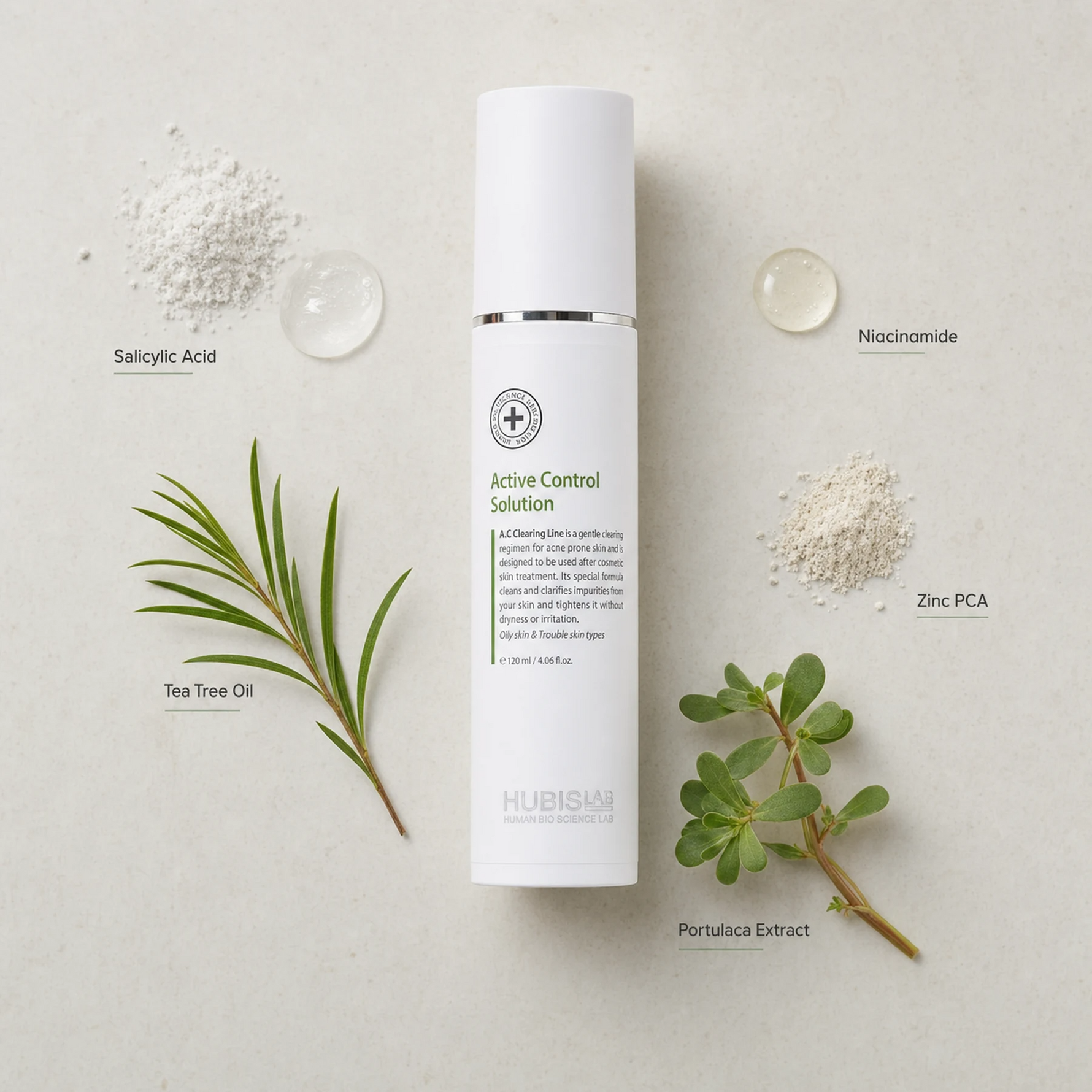 Hubislab A.C Clearing Active Control Solution 120ml ingredient flatlay featuring Salicylic Acid, Tea Tree Oil, Niacinamide, Zinc PCA and Portulaca Extract.