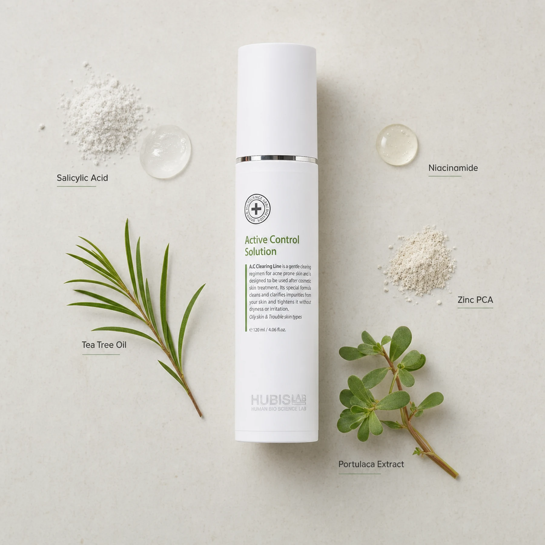 Hubislab A.C Clearing Active Control Solution 120ml ingredient flatlay featuring Salicylic Acid, Tea Tree Oil, Niacinamide, Zinc PCA and Portulaca Extract.