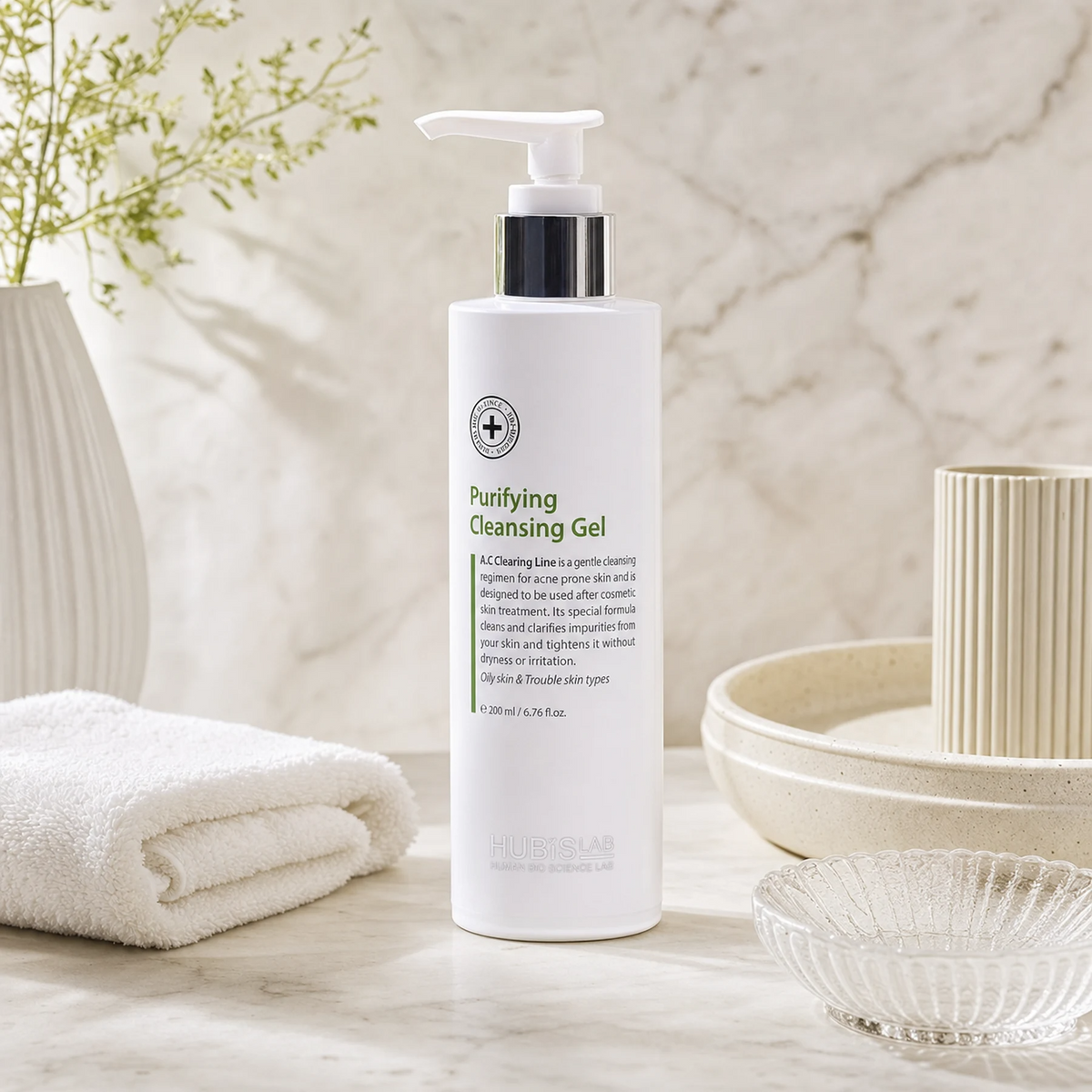 Hubislab A.C Clearing Purifying Cleansing Gel 200ml displayed in a premium bathroom vanity setting for oily, combination and breakout-prone skin.