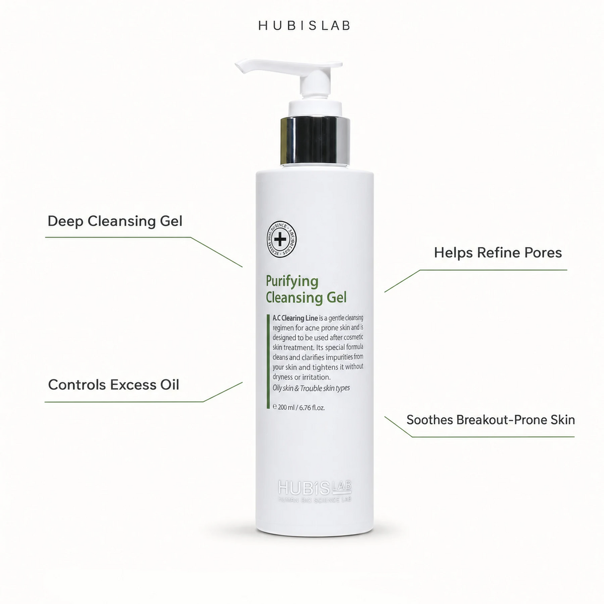 Hubislab A.C Clearing Purifying Cleansing Gel 200ml with benefit callouts for deep cleansing, oil control, pore refinement and breakout-prone skin comfort.
