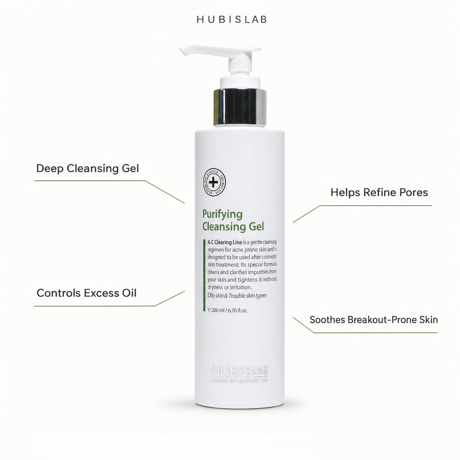 Hubislab A.C Clearing Purifying Cleansing Gel 200ml with benefit callouts for deep cleansing, oil control, pore refinement and breakout-prone skin comfort.