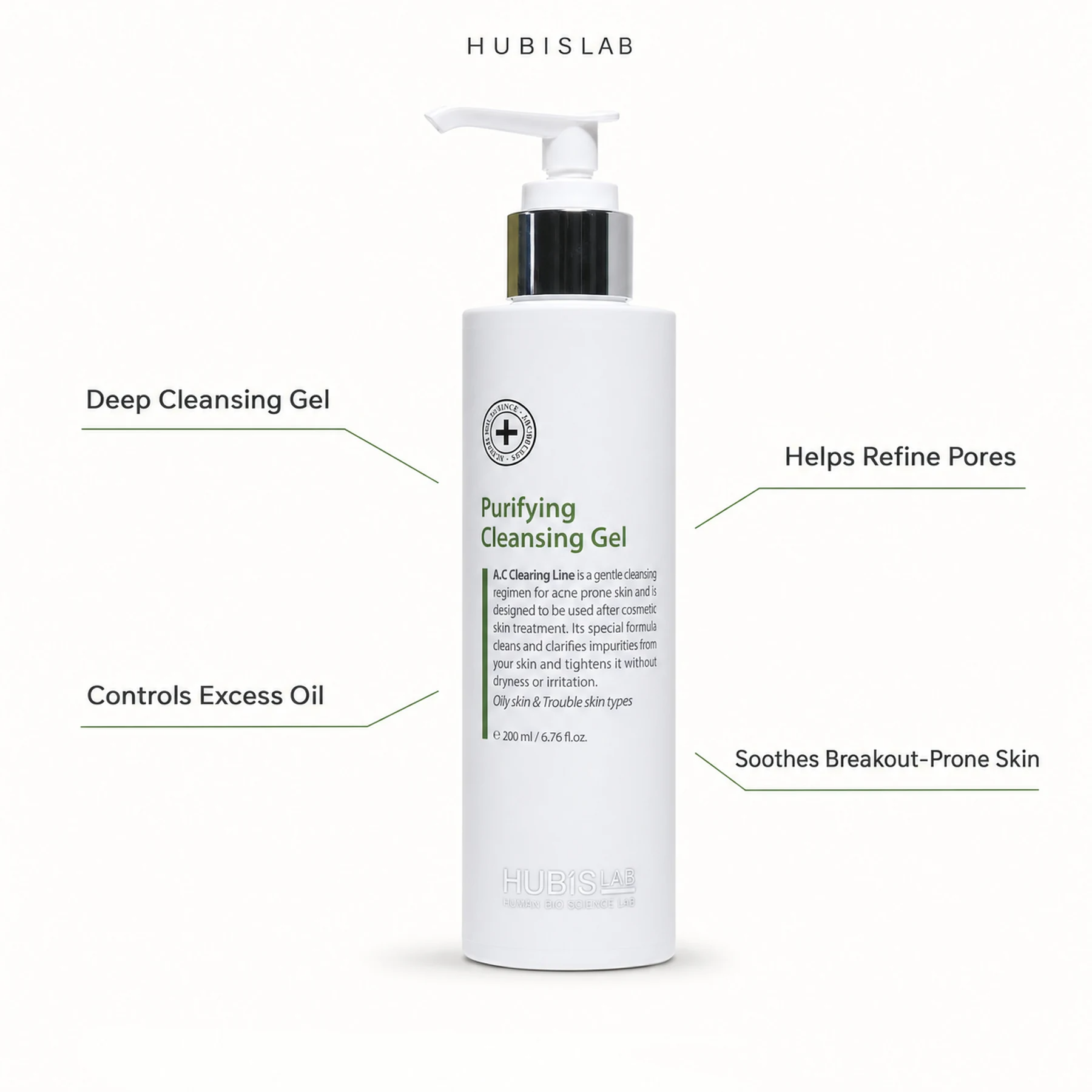 Hubislab A.C Clearing Purifying Cleansing Gel 200ml with benefit callouts for deep cleansing, oil control, pore refinement and breakout-prone skin comfort.