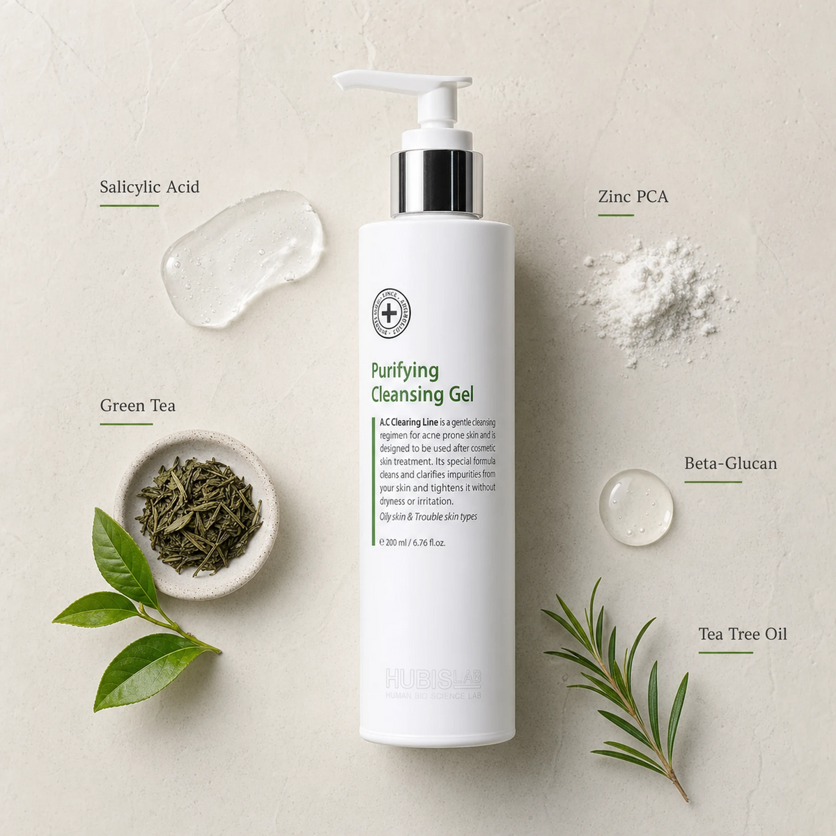 Hubislab A.C Clearing Purifying Cleansing Gel 200ml ingredient flatlay featuring Salicylic Acid, Green Tea, Zinc PCA, Beta-Glucan and Tea Tree Oil.