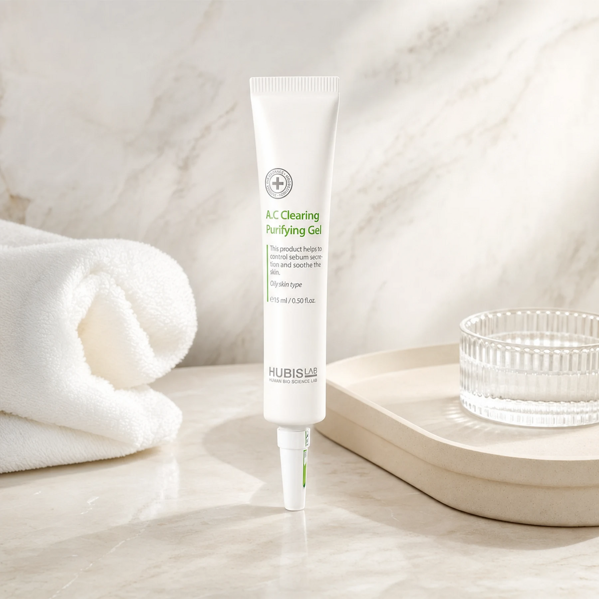 Hubislab A.C Clearing Purifying Gel 15ml displayed in a premium bathroom vanity setting for acne-prone, oily and blemished skin.