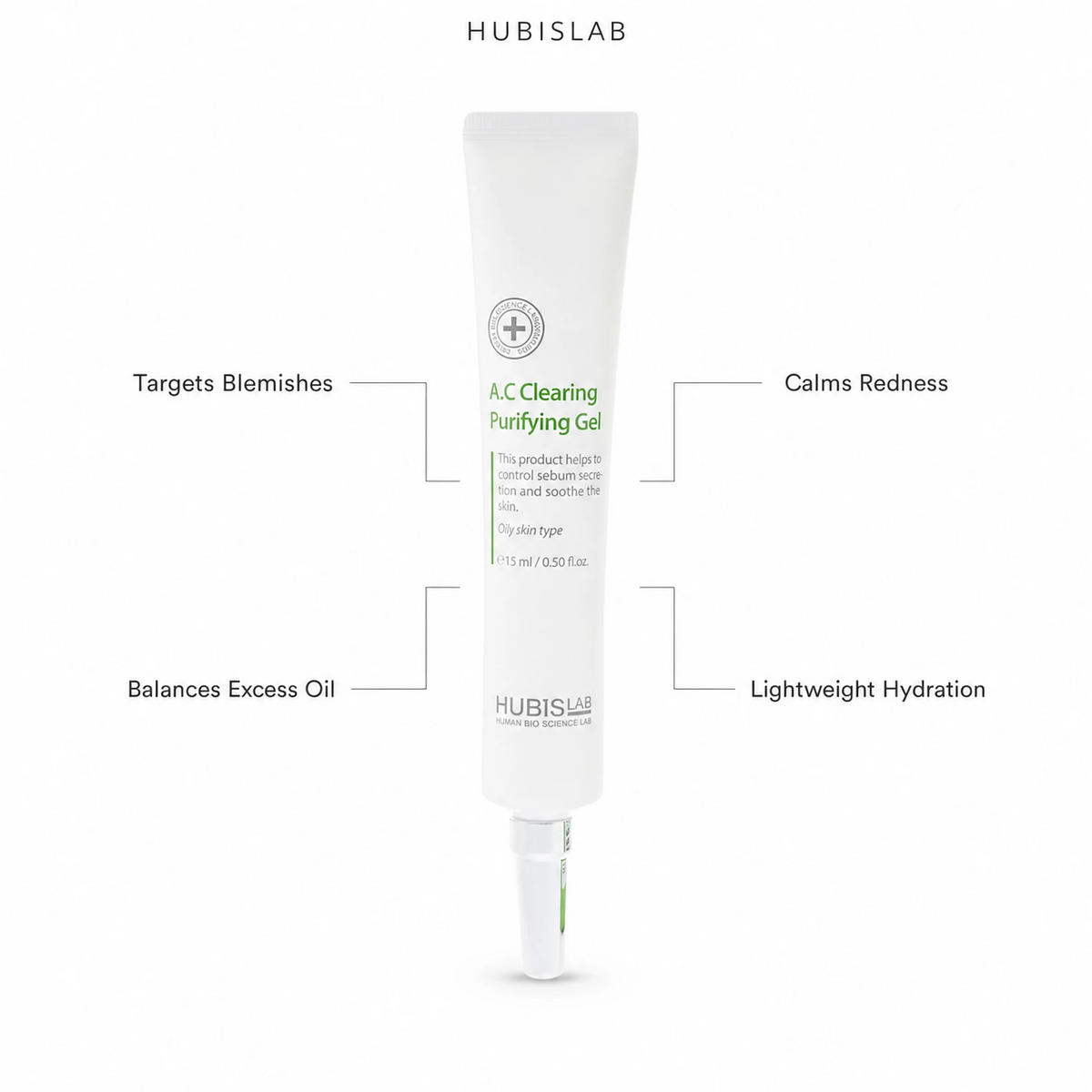 Hubislab A.C Clearing Purifying Gel 15ml with benefit callouts for blemishes, excess oil balance, visible redness and lightweight hydration.