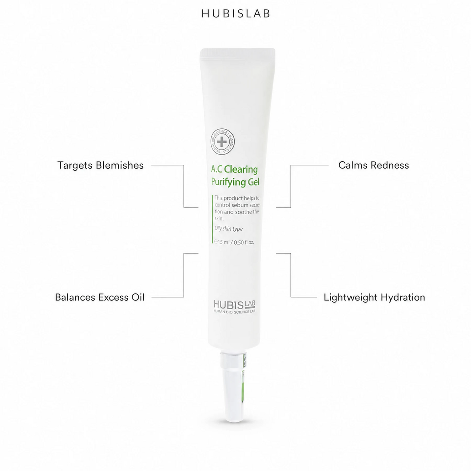 Hubislab A.C Clearing Purifying Gel 15ml with benefit callouts for blemishes, excess oil balance, visible redness and lightweight hydration.