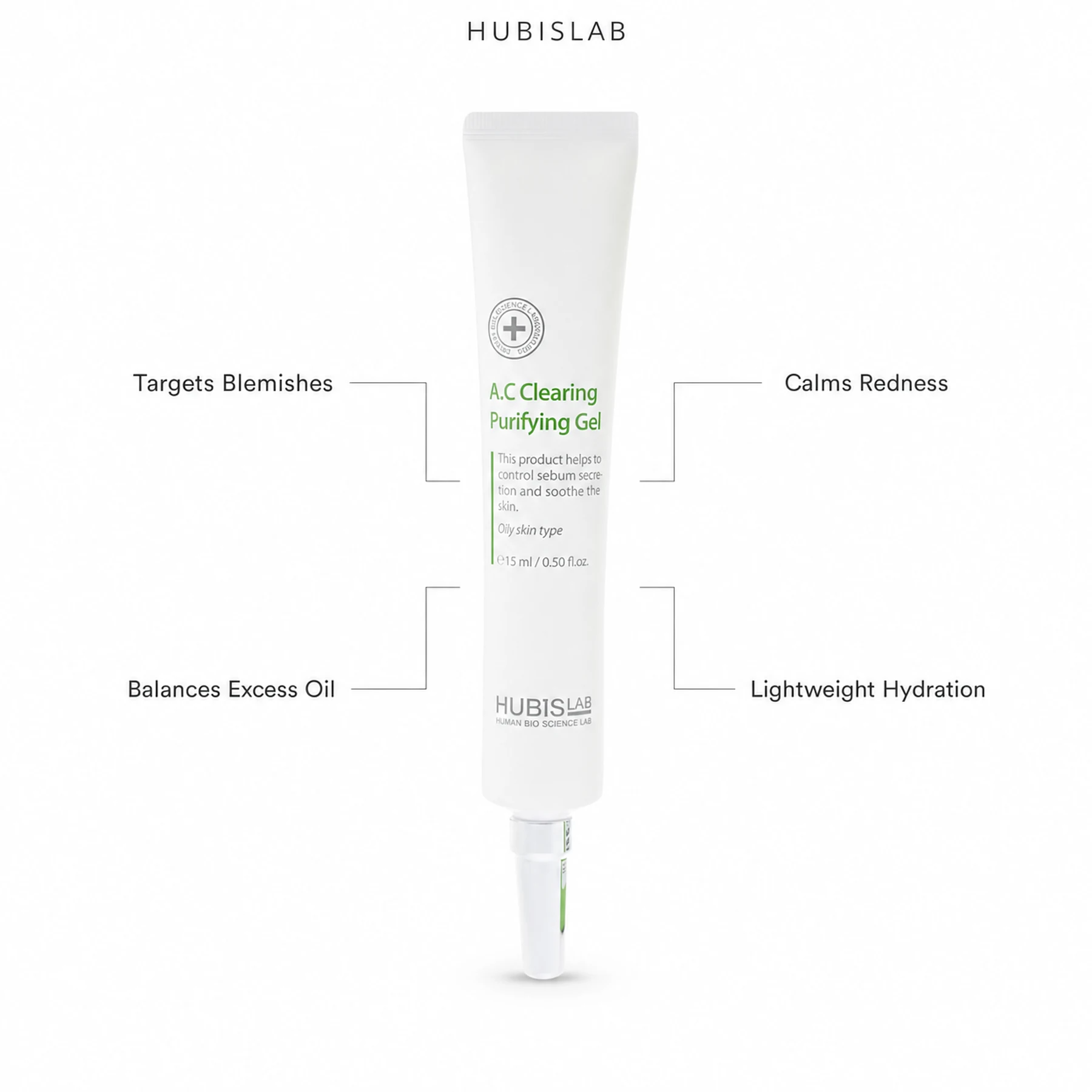 Hubislab A.C Clearing Purifying Gel 15ml with benefit callouts for blemishes, excess oil balance, visible redness and lightweight hydration.