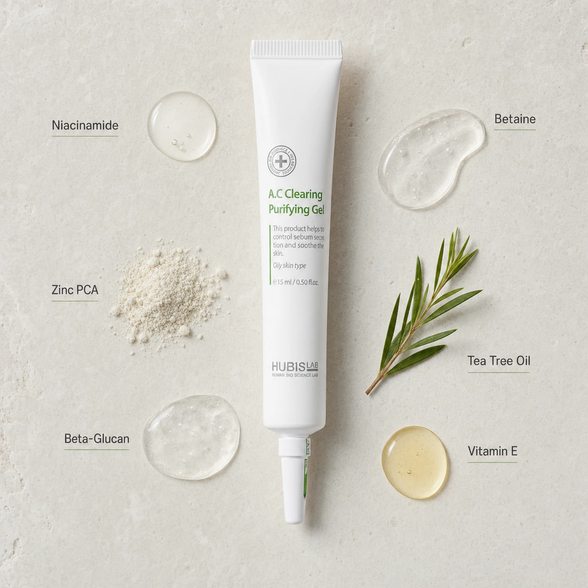 Hubislab A.C Clearing Purifying Gel 15ml ingredient flatlay featuring Niacinamide, Zinc PCA, Beta-Glucan, Betaine, Tea Tree Oil and Vitamin E.