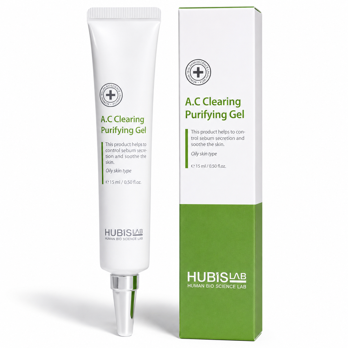Hubislab A.C Clearing Purifying Gel 15ml with benefit callouts for blemishes, excess oil balance, visible redness and lightweight hydration.