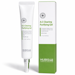 Hubislab A.C Clearing Purifying Gel 15ml with benefit callouts for blemishes, excess oil balance, visible redness and lightweight hydration.