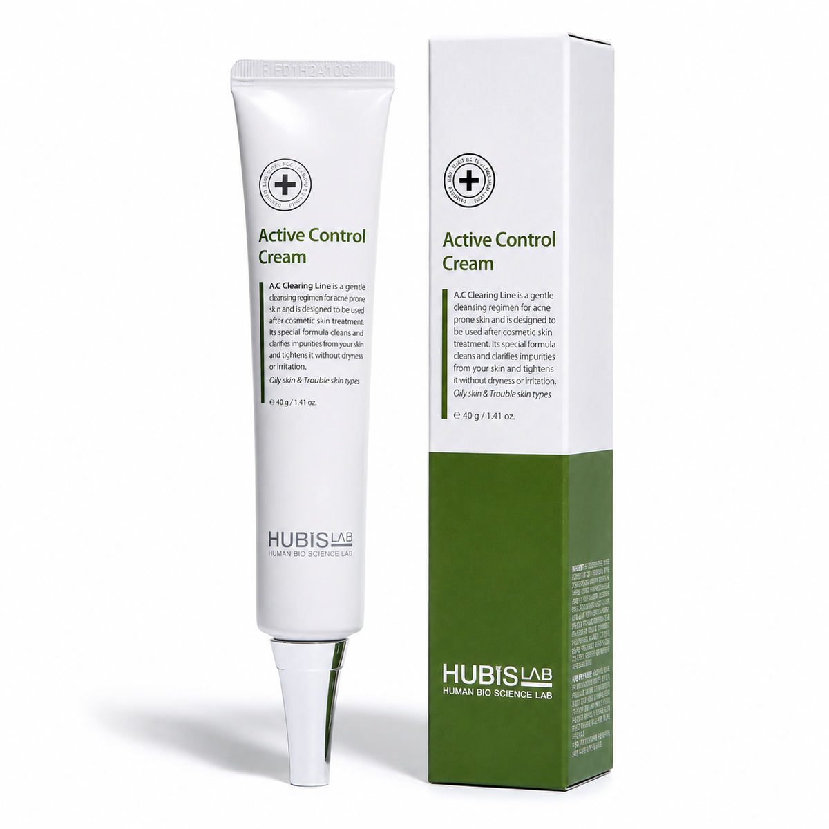 Hubislab Active Control Cream 40ml tube with matching product box on a clean white studio background.