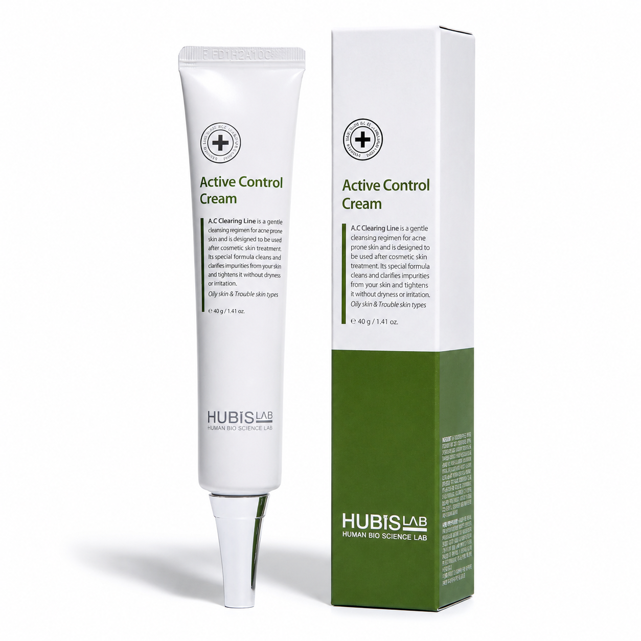 Hubislab Active Control Cream 40ml tube with matching product box on a clean white studio background.