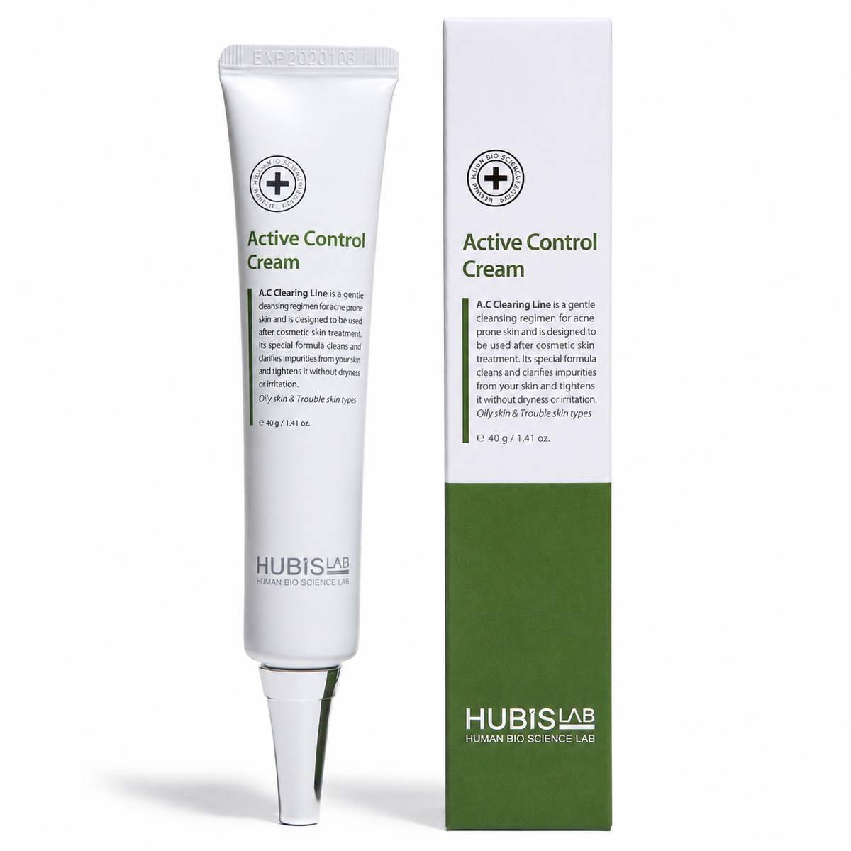 Hubislab Active Control Cream 40ml tube with matching box packaging on a clean white background.