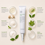 “Minimal HUBISLAB Active Control Cream ingredient flatlay featuring Beta-Glucan, Niacinamide, Ceramide NP, Tea Tree Oil, Portulaca Oleracea Extract, and Sodium Hyaluronate arranged with clean spacing around the product on a soft neutral background