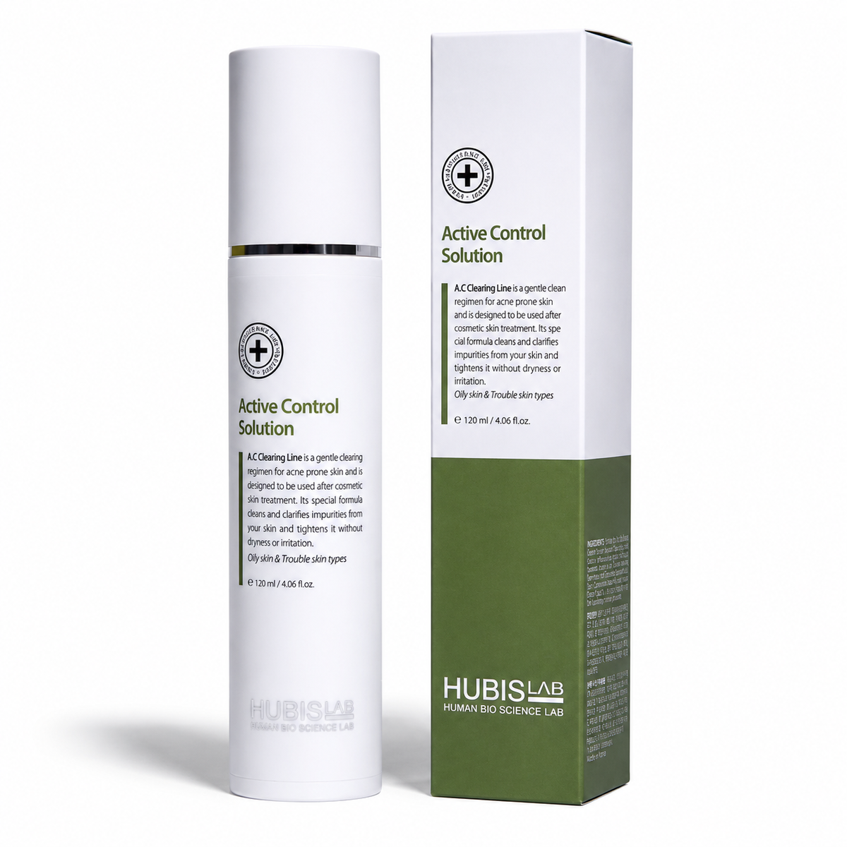 Hubislab Active Control Solution 120ml bottle with matching green box packaging on a clean white studio background.
