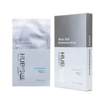 Packaging and contents of Hubislab e+ Epiderma Nova Cell Brightening Mask, showing a gray and white box with content of 5 sheet masks inside with a single sheet mask next to it.