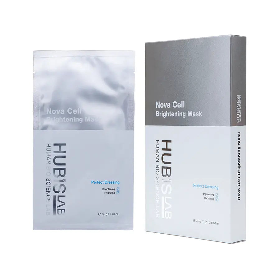 Packaging and contents of Hubislab e+ Epiderma Nova Cell Brightening Mask, showing a gray and white box with content of 5 sheet masks inside with a single sheet mask next to it.