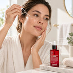 Woman applying HUBISLAB Chamomile Complex 70% Ampoule 50 ml during her calming homecare skincare routine.