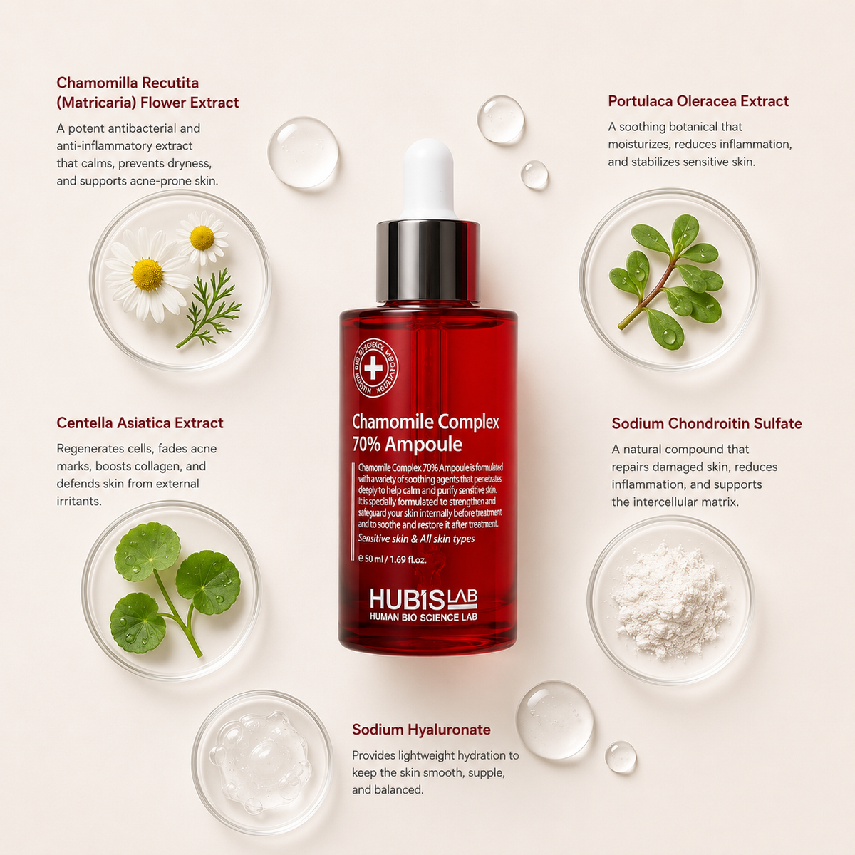 “Minimal HUBISLAB Chamomile Complex 70% Ampoule ingredient flatlay featuring Chamomilla Recutita (Matricaria) Flower Extract, Portulaca Oleracea Extract, Centella Asiatica Extract, Sodium Chondroitin Sulfate, and Sodium Hyaluronate arranged with clean spacing around the product on a soft neutral background