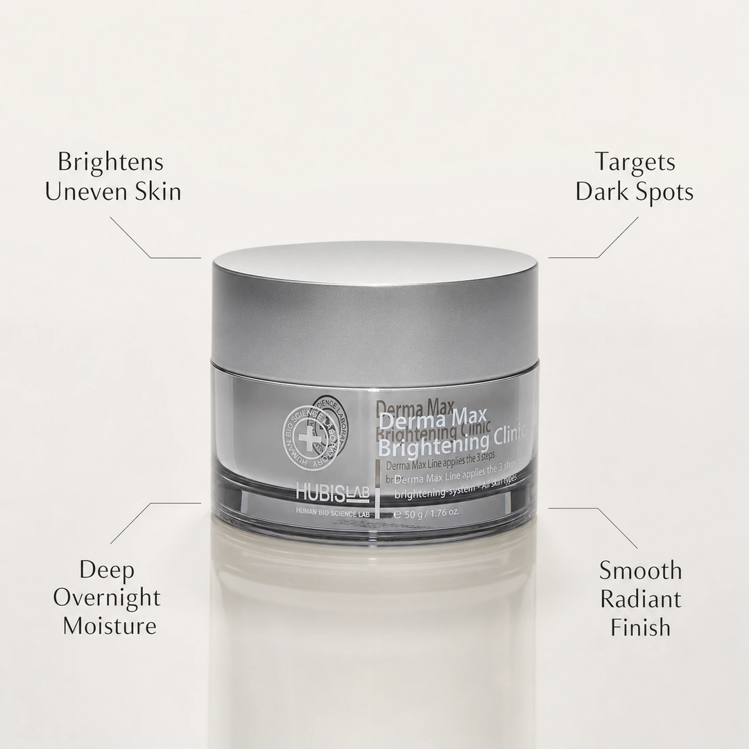 Hubislab Derma Max Brightening Clinic 50g benefit callout image highlighting brightens uneven skin, targets dark spots, deep overnight moisture and smooth radiant finish.