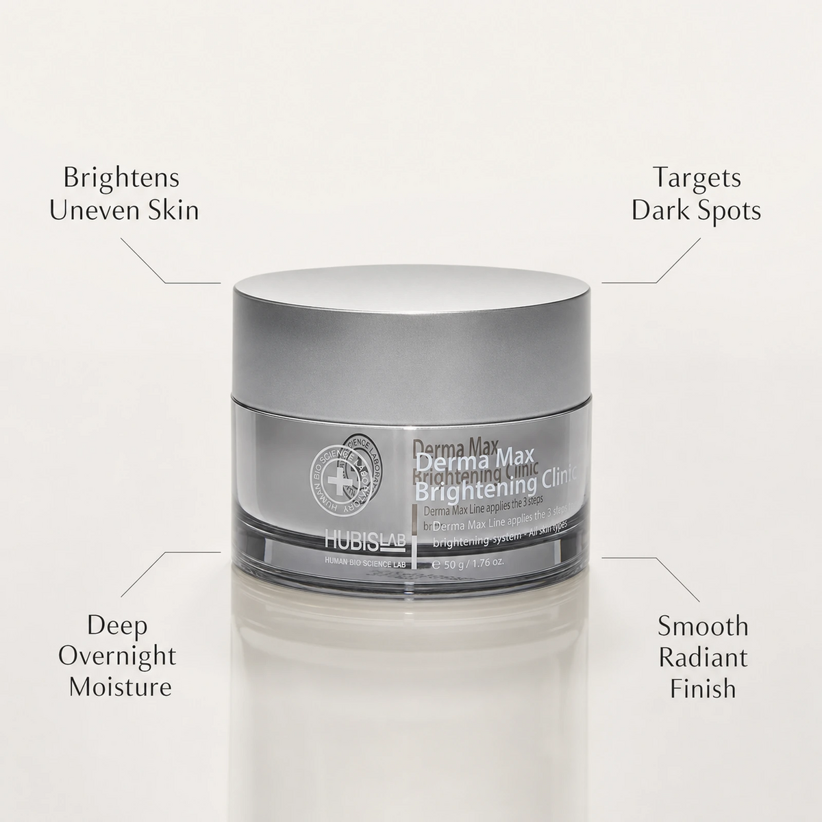 Hubislab Derma Max Brightening Clinic 50g benefit callout image highlighting brightens uneven skin, targets dark spots, deep overnight moisture and smooth radiant finish.