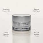 Hubislab Derma Max Brightening Clinic 50g benefit callout image highlighting brightens uneven skin, targets dark spots, deep overnight moisture and smooth radiant finish.