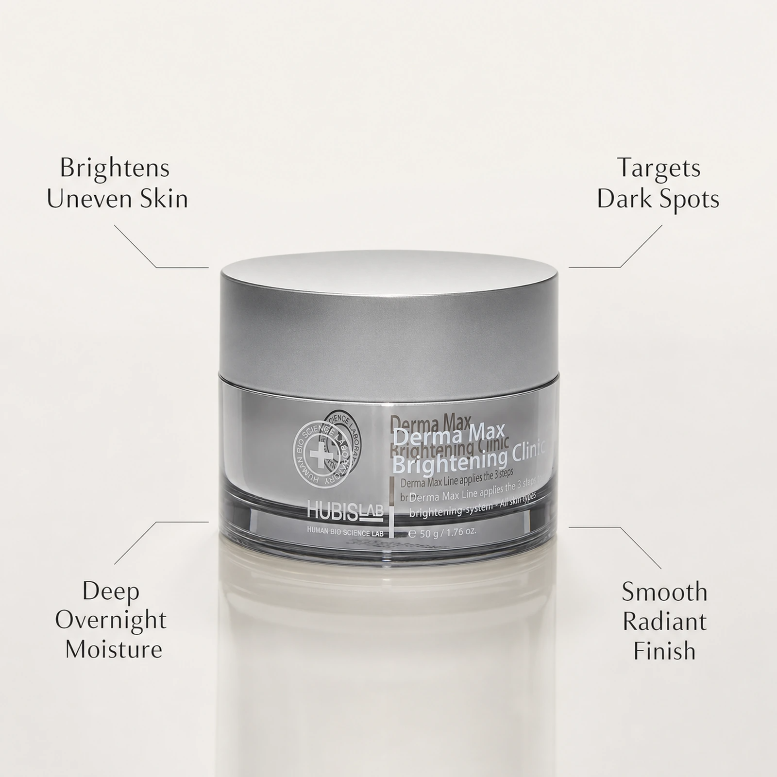 Hubislab Derma Max Brightening Clinic 50g benefit callout image highlighting brightens uneven skin, targets dark spots, deep overnight moisture and smooth radiant finish.