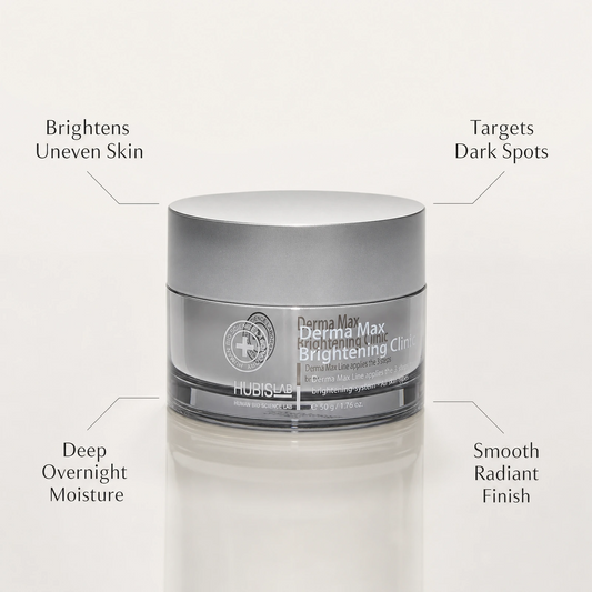 Hubislab Derma Max Brightening Clinic 50g benefit callout image highlighting brightens uneven skin, targets dark spots, deep overnight moisture and smooth radiant finish.