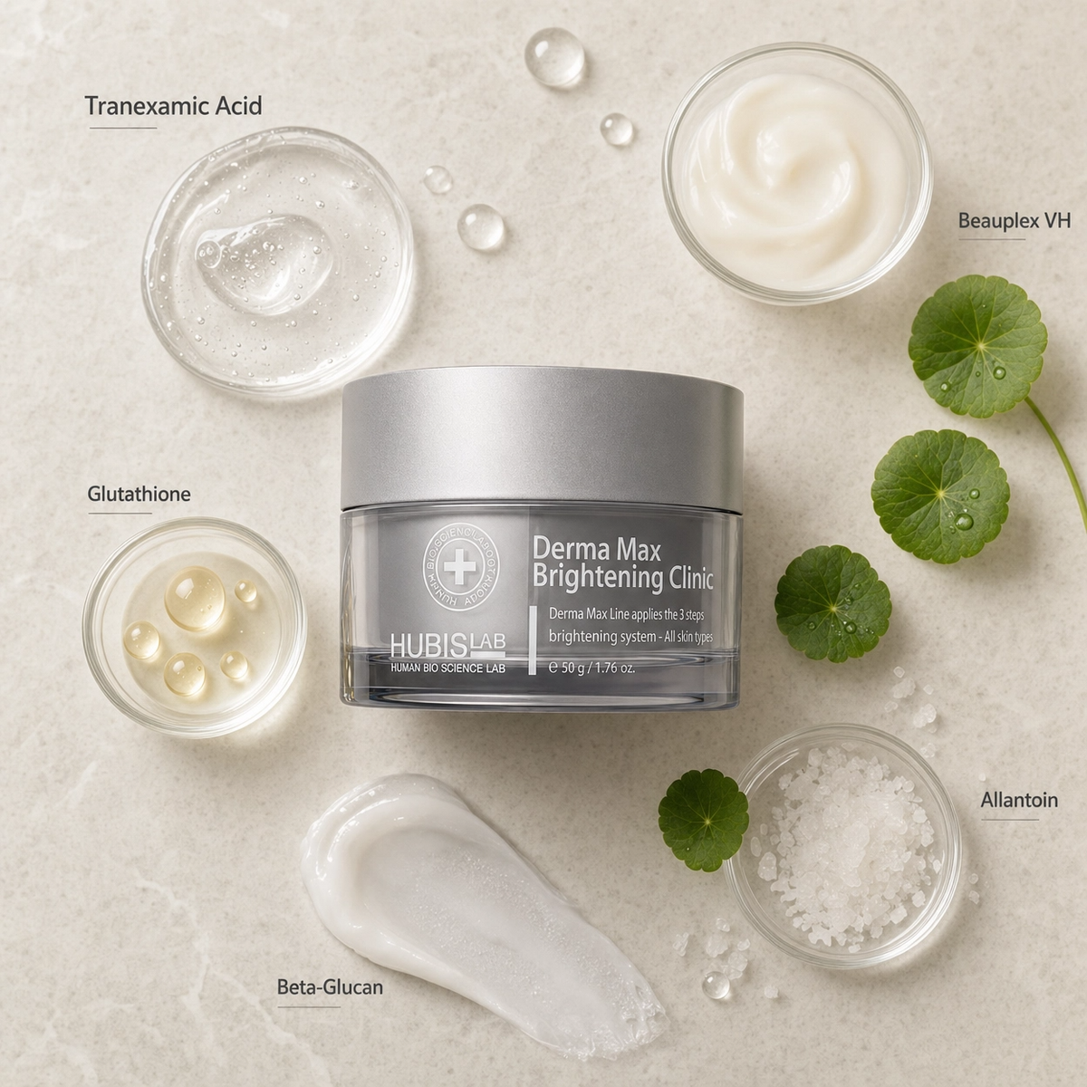 Hubislab Derma Max Brightening Clinic 50g photographic ingredient flatlay featuring Tranexamic Acid, Beauplex VH, Glutathione, Beta-Glucan and Allantoin.