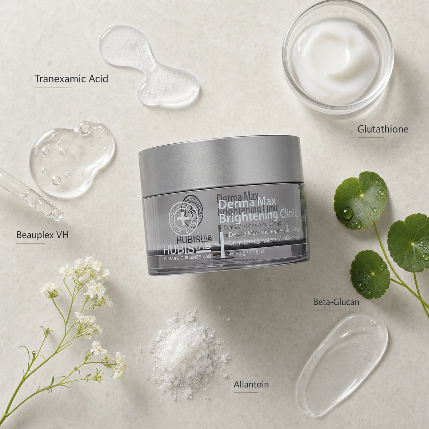 Hubislab Derma Max Brightening Clinic 50g photographic ingredient flatlay featuring Tranexamic Acid, Beauplex VH, Glutathione, Beta-Glucan and Allantoin.
