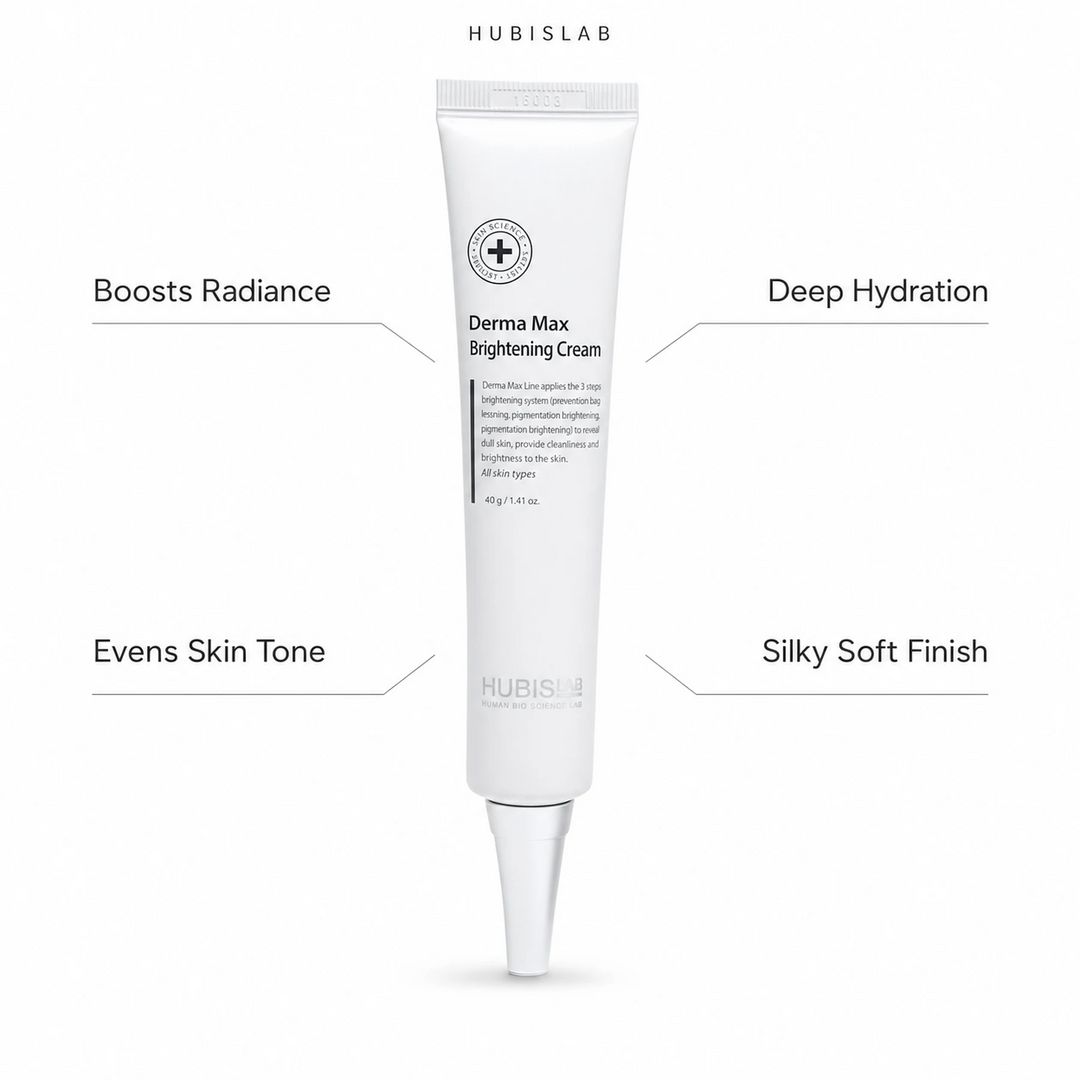 Hubislab Derma Max Brilliance Cream 40g with benefit callouts for radiance, even skin tone, deep hydration and a silky soft finish.