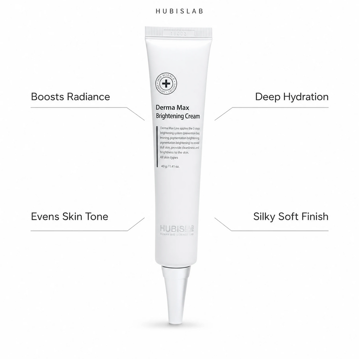 Hubislab Derma Max Brilliance Cream 40g with benefit callouts for radiance, even skin tone, deep hydration and a silky soft finish.