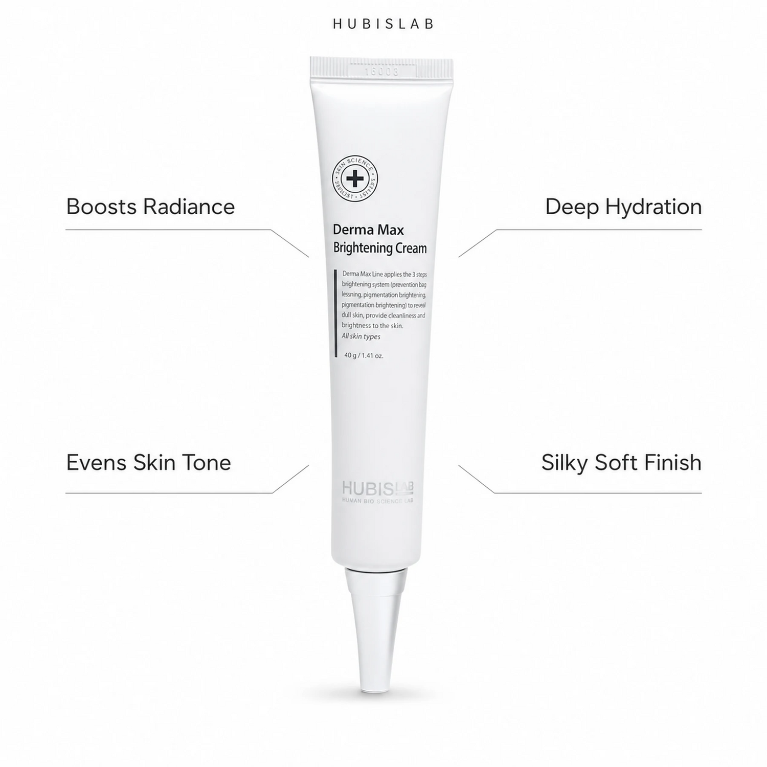 Hubislab Derma Max Brilliance Cream 40g with benefit callouts for radiance, even skin tone, deep hydration and a silky soft finish.