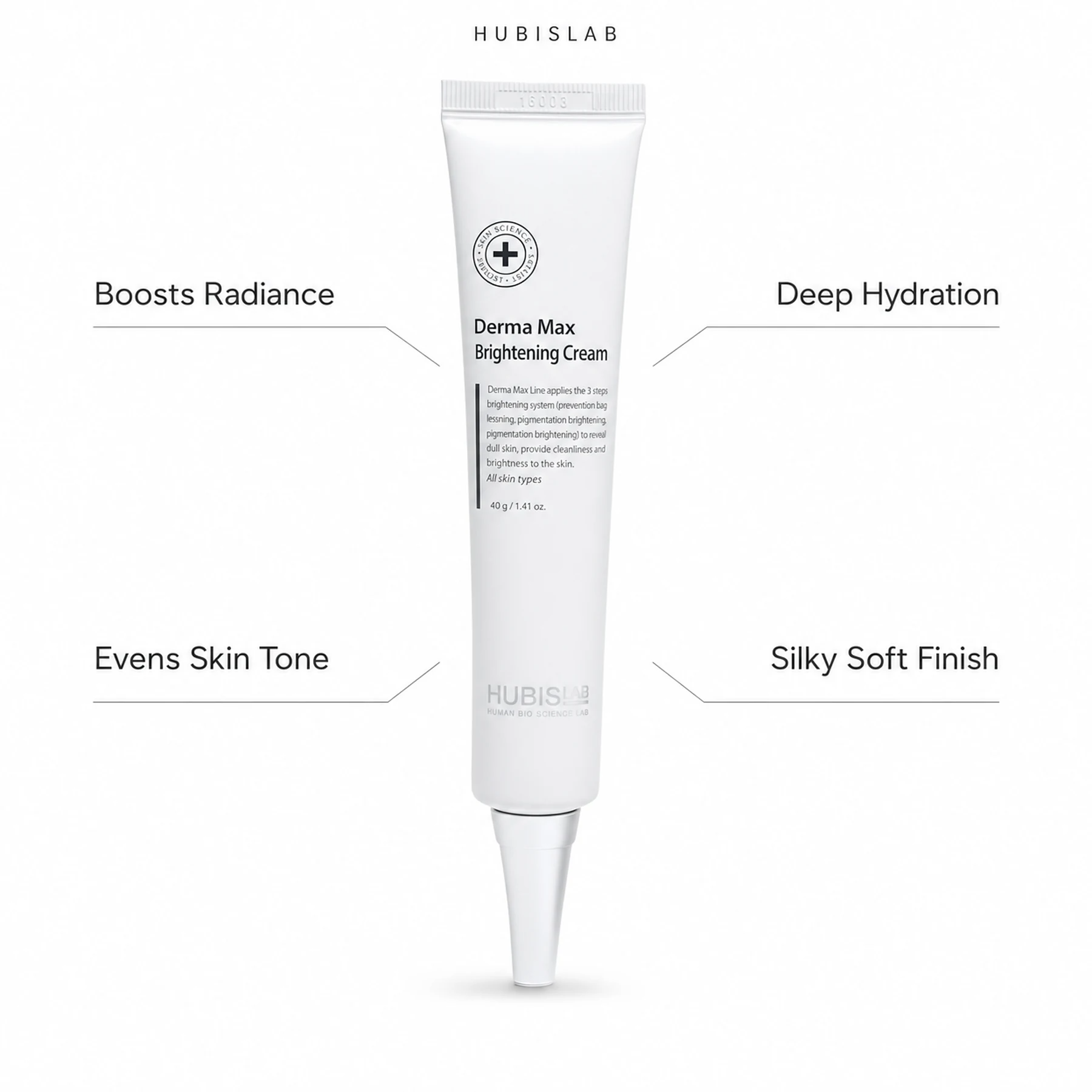 Hubislab Derma Max Brilliance Cream 40g with benefit callouts for radiance, even skin tone, deep hydration and a silky soft finish.