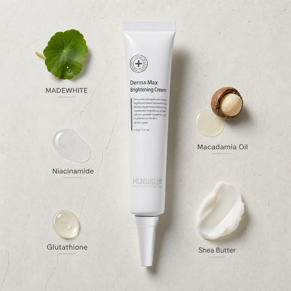 Hubislab Derma Max Brilliance Cream 40g ingredient flatlay featuring MADEWHITE, Niacinamide, Glutathione, Macadamia Oil and Shea Butter.