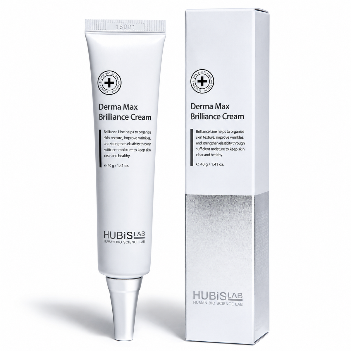 Hubislab Derma Max Brilliance Cream 40ml tube with matching box packaging on a clean white studio background.