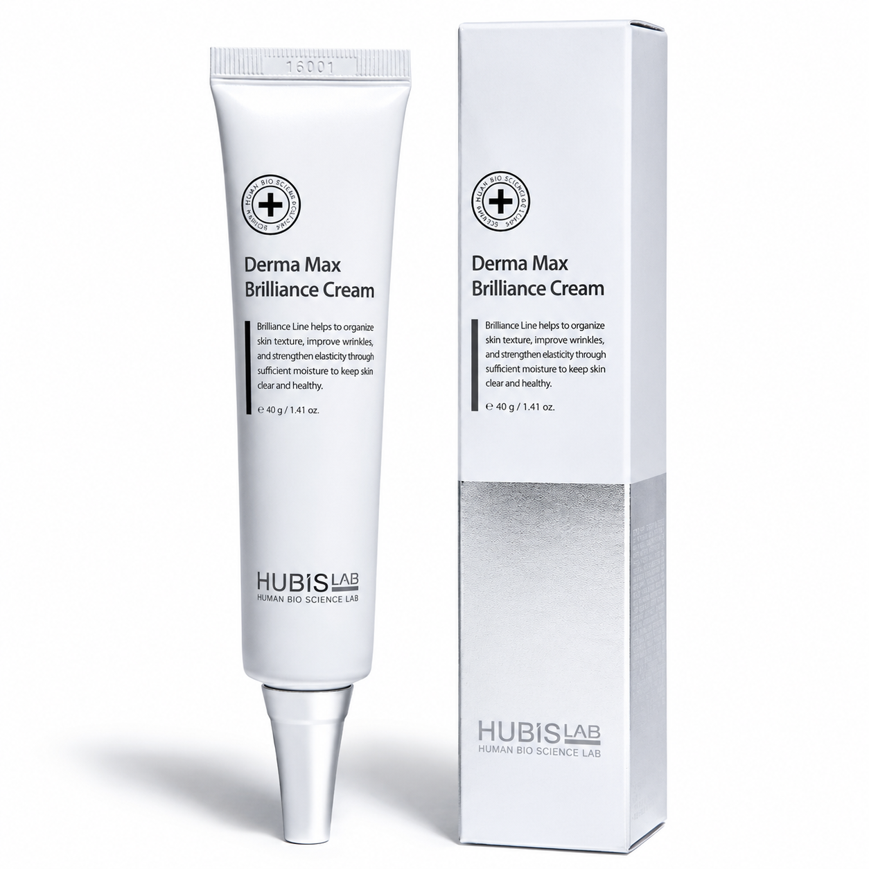 Hubislab Derma Max Brilliance Cream 40ml tube with matching box packaging on a clean white studio background.
