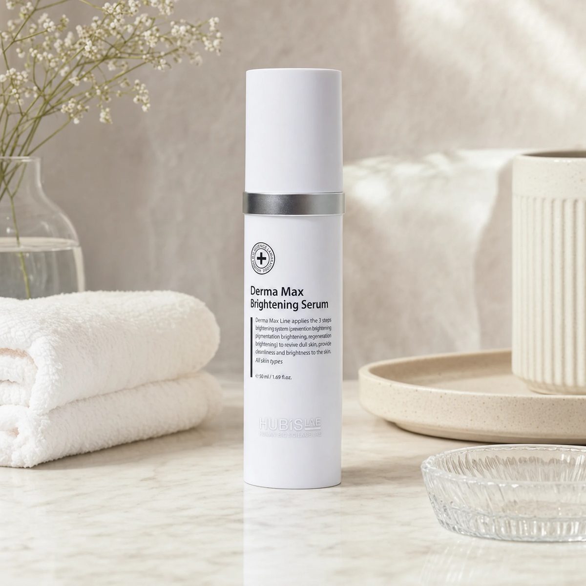Hubislab Derma Max Brilliance Serum 50ml displayed in a premium bathroom vanity setting for dull, uneven or pigmented skin.