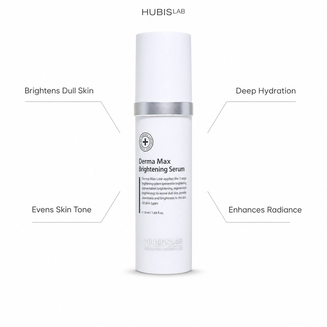 Hubislab Derma Max Brilliance Serum 50ml with benefit callouts for dull skin brightness, even tone, deep hydration and enhanced radiance.