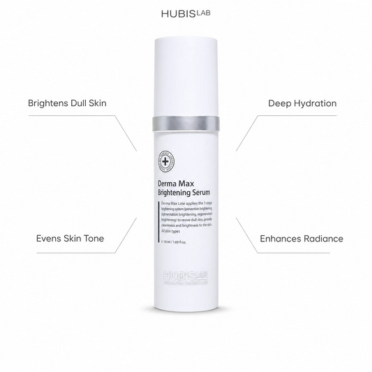 Hubislab Derma Max Brilliance Serum 50ml with benefit callouts for dull skin brightness, even tone, deep hydration and enhanced radiance.