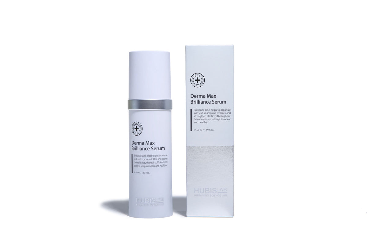 Hubislab Derma Max Brilliance Serum 50ml bottle with matching box packaging on a clean white studio 