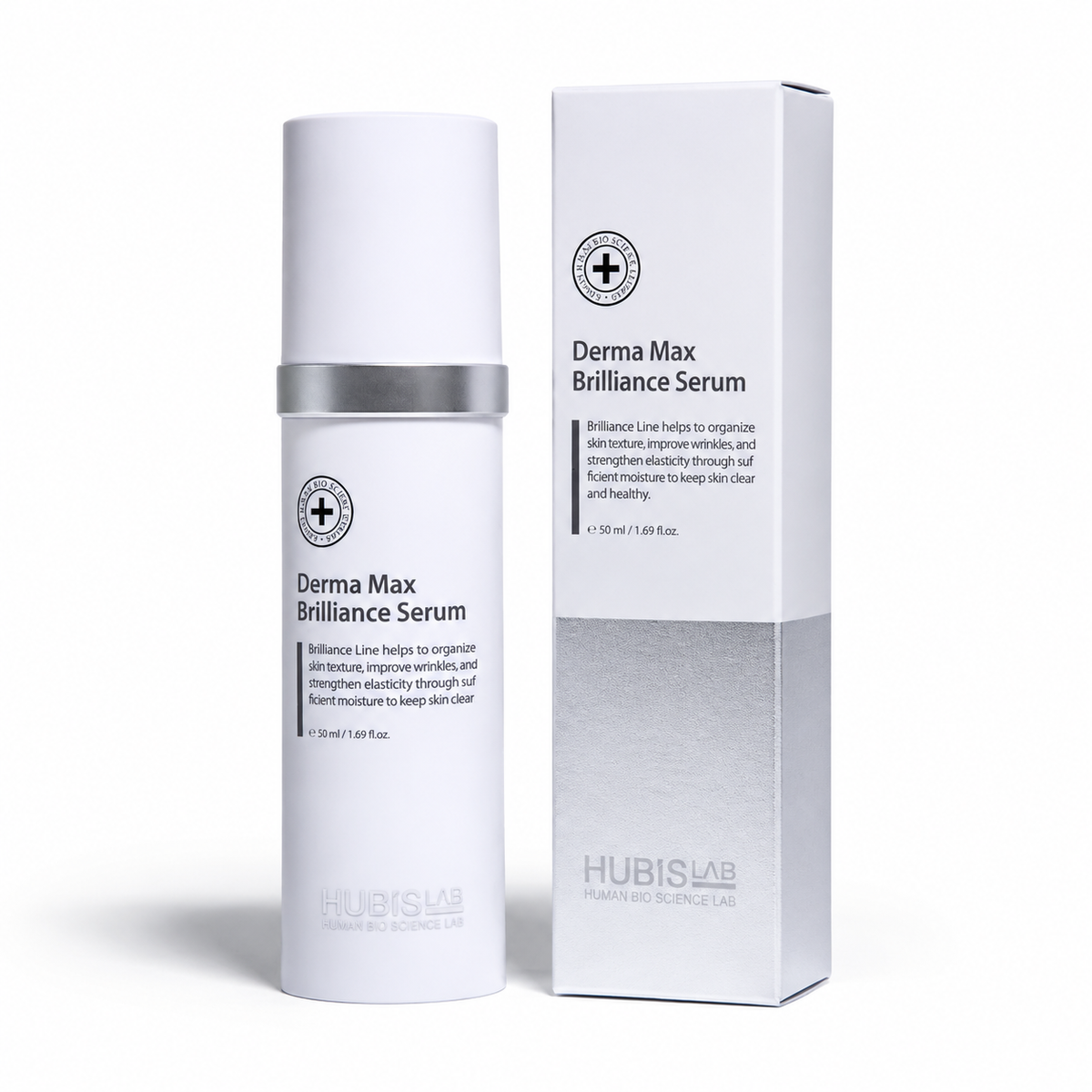 Hubislab Derma Max Brilliance Serum 50ml bottle with matching box packaging on a clean white studio background.