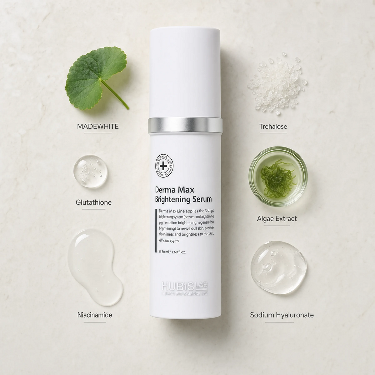 Hubislab Derma Max Brilliance Serum 50ml ingredient flatlay featuring MADEWHITE, Glutathione, Niacinamide, Trehalose, Algae Extract and Sodium Hyaluronate.