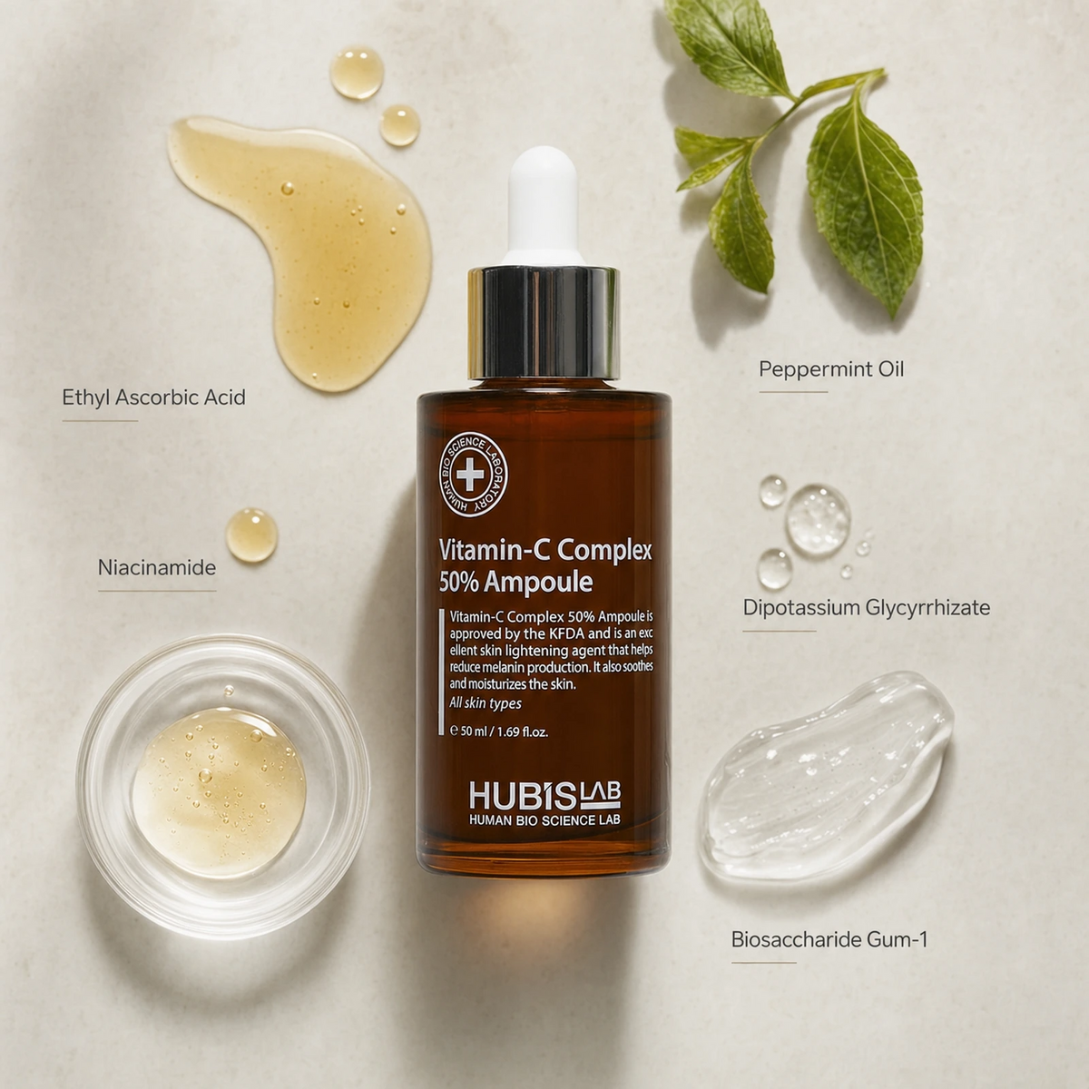 Hubislab Derma Max Vitamin-C Complex 50% Ampoule 50ml ingredient flatlay featuring Ethyl Ascorbic Acid, Niacinamide, Dipotassium Glycyrrhizate, Biosaccharide Gum-1 and Peppermint Oil.
