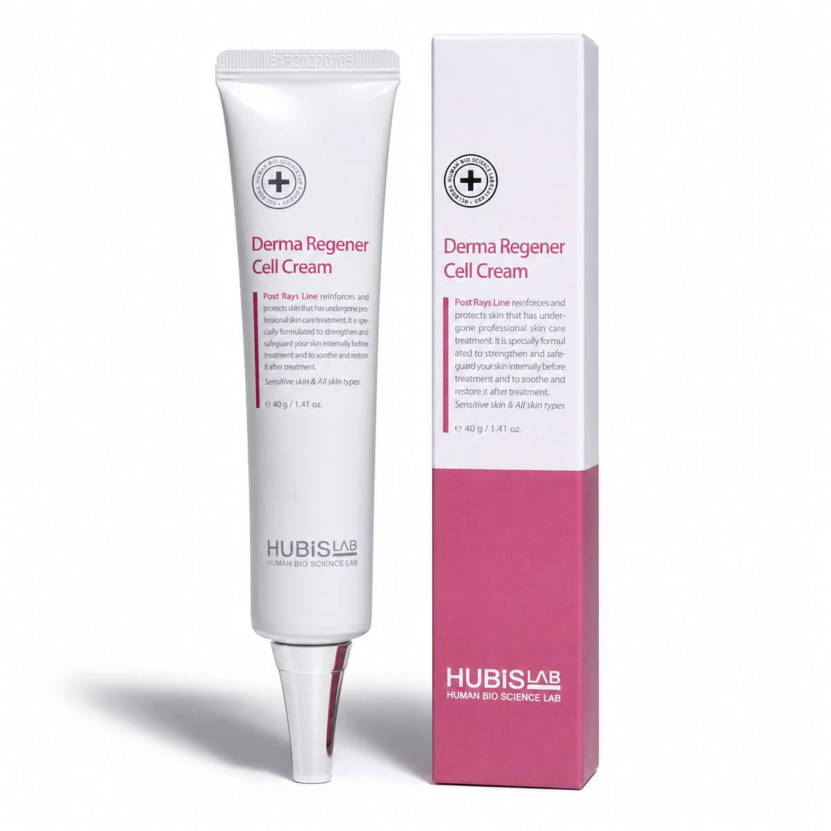 Hubislab Derma Regener Cell Cream 40ml tube with matching pink box packaging on a clean white studio background.
